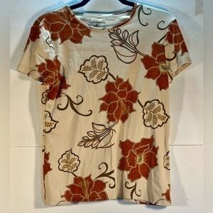 CROFT & BARROW T-SHIRT CREAM WITH ORANGE FLOWERS SIZE MEDIUM